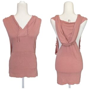 Free People Pink Tulum Distressed Raw Hem Sleeveless Open Side Hoodie Size Small